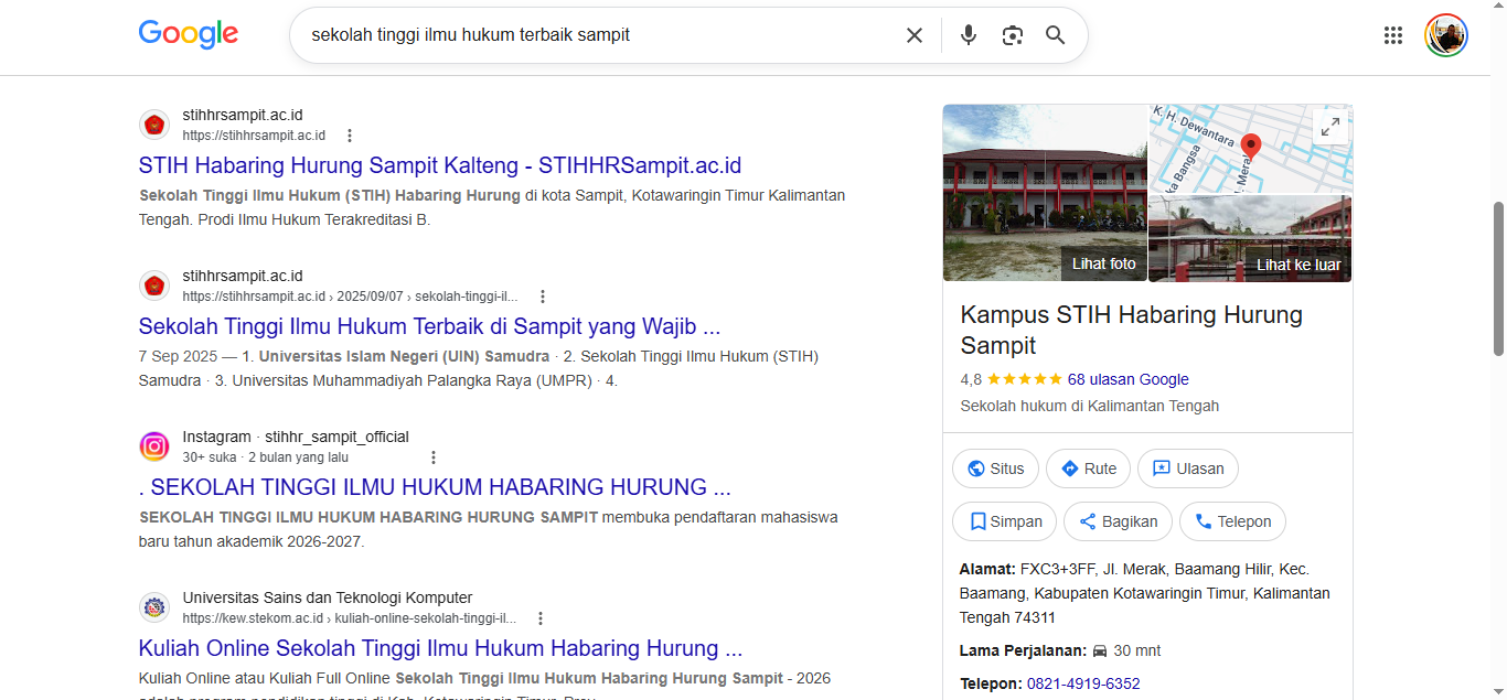 Hasil pencarian organik Google menunjukkan stihhrsampit.ac.id di posisi 1 dan 2, dengan panel Google Business Profile Kampus STIH Habaring Hurung Sampit rating 4,8 dari 68 ulasan di sisi kanan