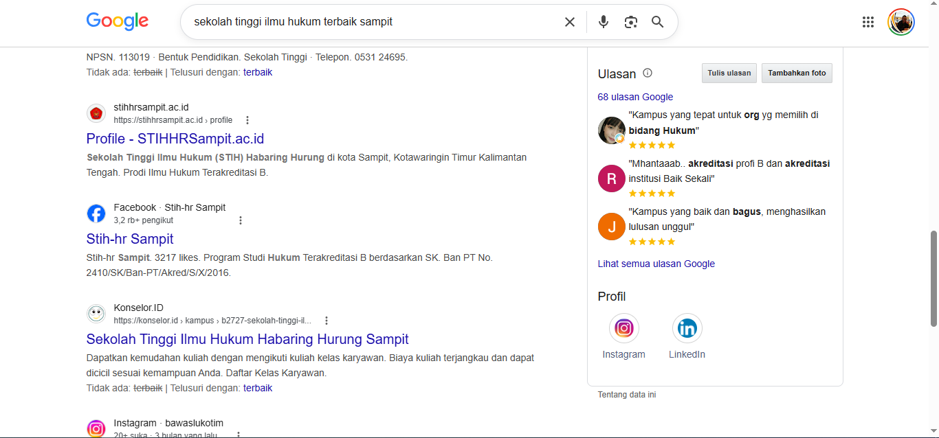 Panel Google Business Profile Kampus STIH Habaring Hurung Sampit menampilkan rating 4,8 bintang dari 68 ulasan Google, dengan 3 contoh ulasan bintang 5 dari mahasiswa